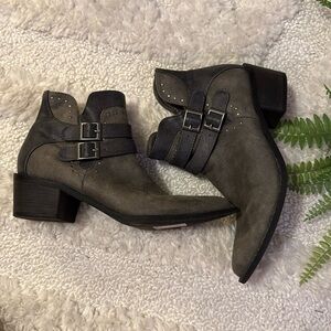 MIA Gray Suede Ankle Booties with Buckle Detail